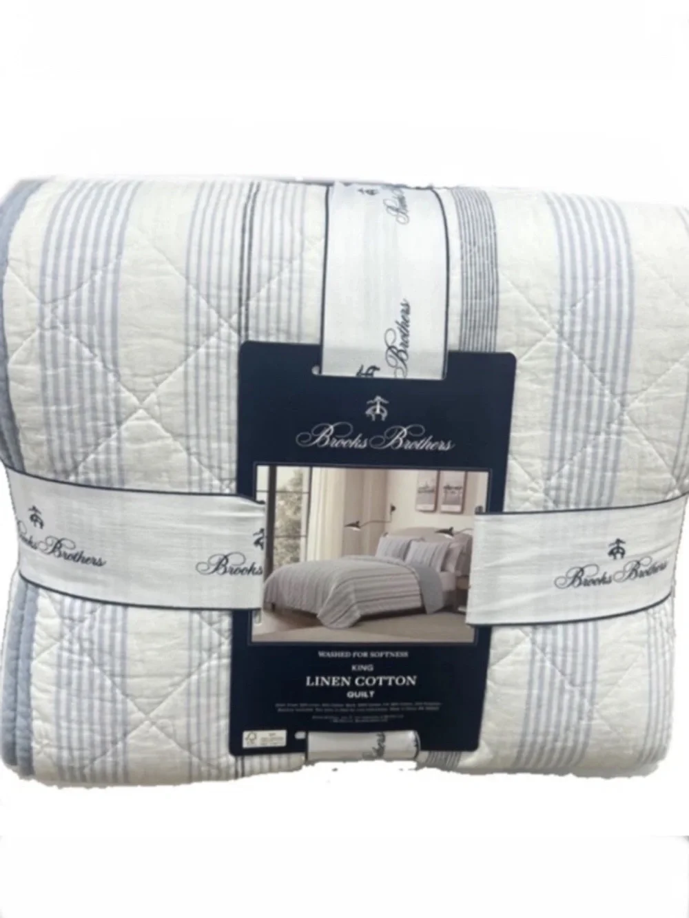 Brooks Brothers King Linen Cotton Quilt - Light Gray with Subtle Stripes
